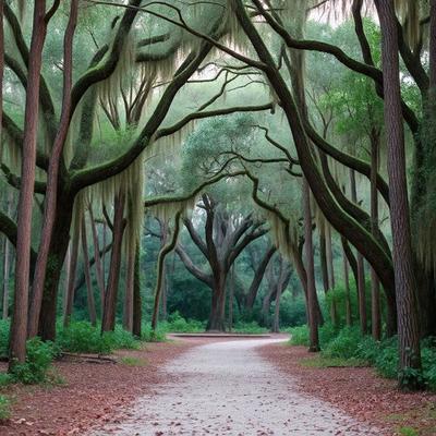 The primary subject of the image is a path surrounded by trees. The setting is a forest with a dirt road, and the visual style is a photo. The colors and mood of the image are predominantly green, with a serene and natural atmosphere.